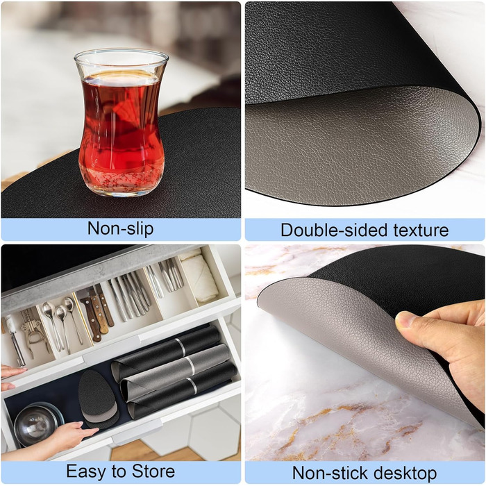 Набір з 6 серветок на стіл, миючі, з підставками, двосторонні, з імітацією шкіри, водонепроникні для обіднього столу, кухні, ресторану та дому (6 шт., чорний)