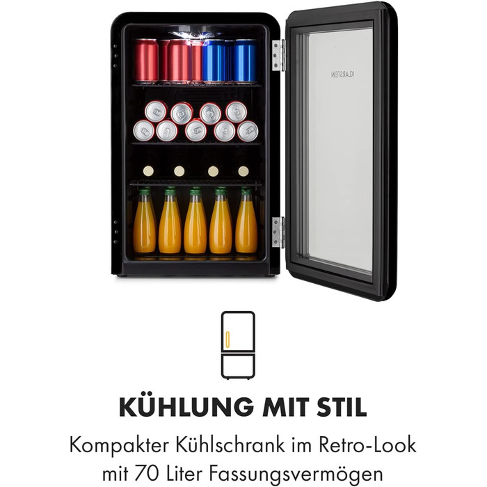 Міні-холодильник Klarstein з дверцятами зі скла, 48 л, для кімнати та офісу, з висувною полицею, тихий, 0-10°C, чорний