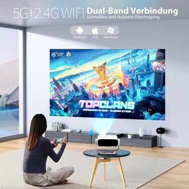 Розумний проєктор Beamer 4K Full HD 1080P, 25000 люмен, Android 11, WiFi 6, BT 5.2, поворотний штатив 120°, для iOS/Android/Laptops, сірий