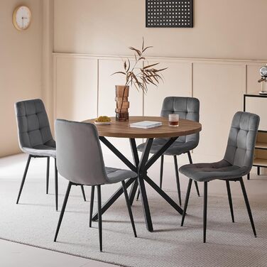 Обідній комплект на 5 осіб: круглий стіл 100 см та 4 стільці (голландський флізелін). Підходить для кухні, вітальні, балкону, ресторану, офісу. Темне дерево + сірий велюр