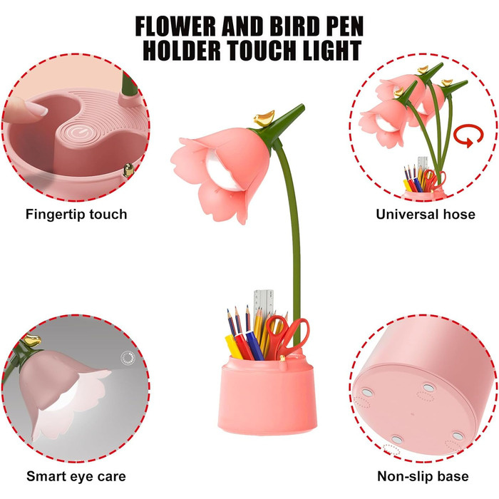 Світлодіодна настільна лампа з регулюванням яскравості для дітей, 3 колірні температури, сенсорний датчик, гнучкий кронштейн, USB, рожевий