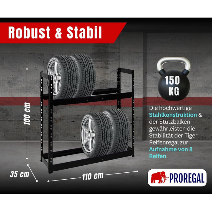 Стійка для шин PROREGAL Tiger: 100x110x35 см, 150 кг навантаження, до 8 шин, 2 яруси, чорний колір