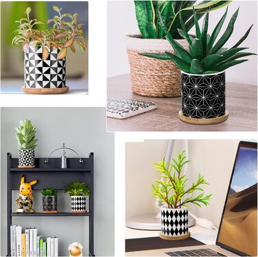 4 шт. горщики для сукулентів Coolty, кераміка, 7 см, міні-кактуси, геометричний дизайн, з підставкою та бамбуковим піддоном для декору