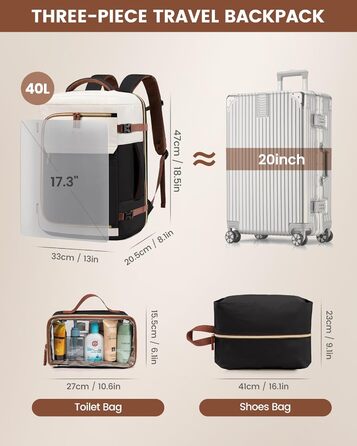 Рюкзак для подорожей LOVEVOOK 40L для жінок, ручна поклажа, рюкзак для авіаперельотів, сумка-рюкзак для бізнесу, школи, вихідних, бежевий хакі (17 дюймів, 40L, чорний+бежевий+коричневий)