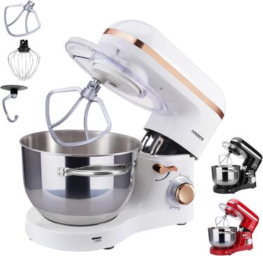 Кухонна машина Arebos 1500W з чашею 6L з нержавіючої сталі | Змішувач, гак для тіста, вінчик | Кришка-розбризкувач | 6 швидкостей | Кухонний комбайн | Машина для тіста (Біла)