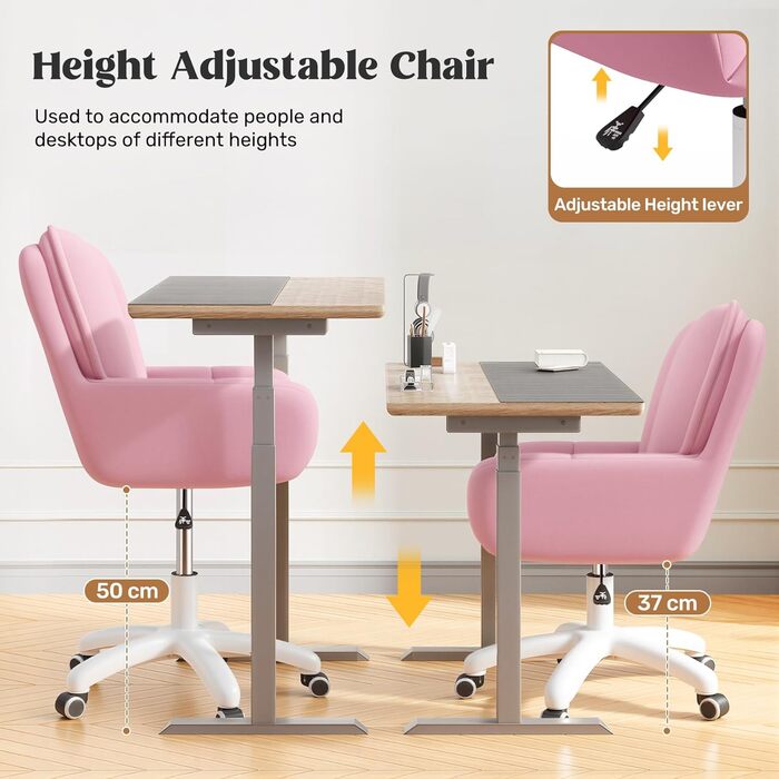 Крісло для дому та макіяжу 2-в-1, ергономічне, обертове на 360°, регульоване по висоті, для робочого кабінету або спальні (без подушки, Рожеве)