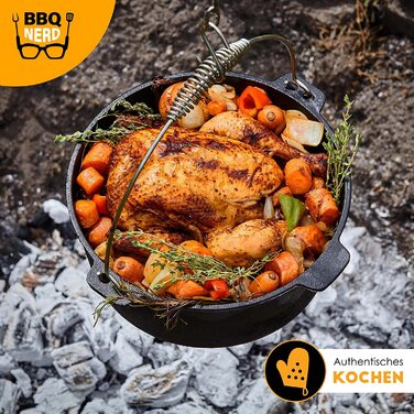 Голландська піч BBQ-Nerd 'Starter' 3.1L з ніжками - готова до використання, попередньо оброблена - чавунний котелок, жаровня з кришкою та підйомником кришки - вогнестійкий котелок для гриля та кемпінгу, котелок для гриля 'Starter' з ніжками 3.1 літр