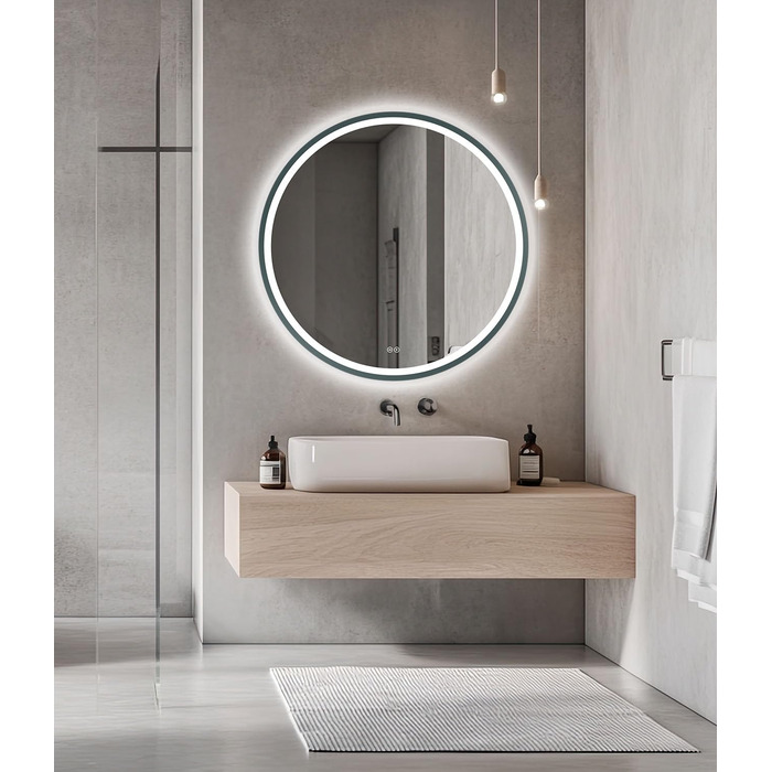 LED дзеркало для ванної кімнати Home Glow круглої форми 80 см – з підсвічуванням, проти запотівання, сенсорним вимикачем, металевим каркасом (графіт)