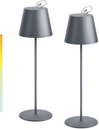 Набір з 2 LED-лампами настільними бездротовими, USB-C, диммування, сенсорне управління, для вулиці, кемпінгу, ресторану, тераси (чорний, сірий)