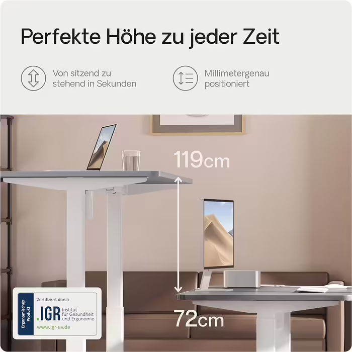 Електричний регульований стіл Desktronic 140x70 см, біло-сірий, з сенсорним управлінням і вбудованими зарядними портами