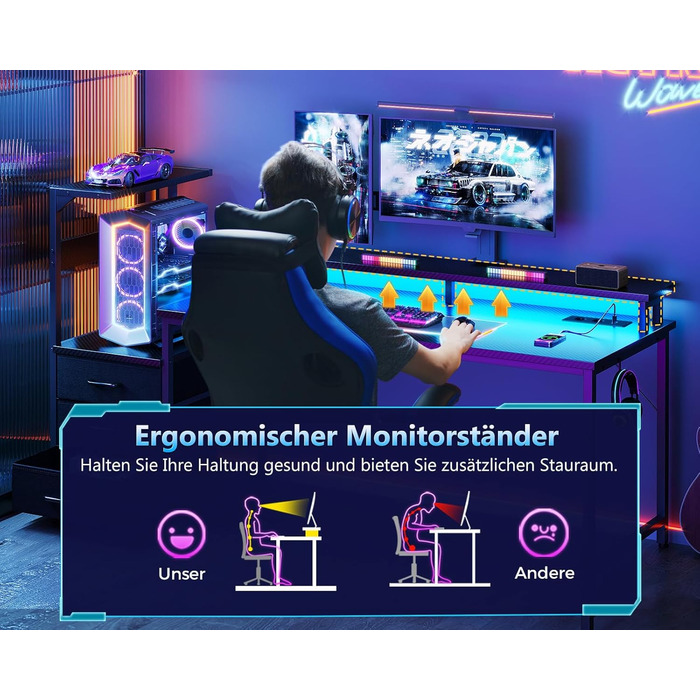 Ігровий стіл Coleshome з ящиками, 151x50 см, LED-підсвічуванням та розеткою, стіл для комп'ютера з полицями та підставкою для монітора, карбон, чорний