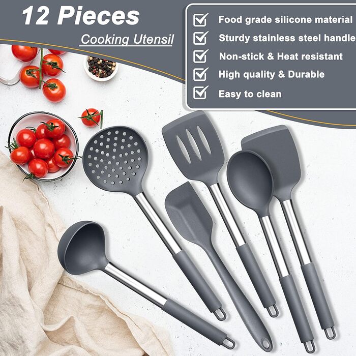 Набір кухонного приладдя Herogo, 12 шт. Силіконові кухонні інструменти з нержавіючою сталею, стійкі до високих температур, лопатки, ложки, шпателі з підставкою, легко миються (Сірий)