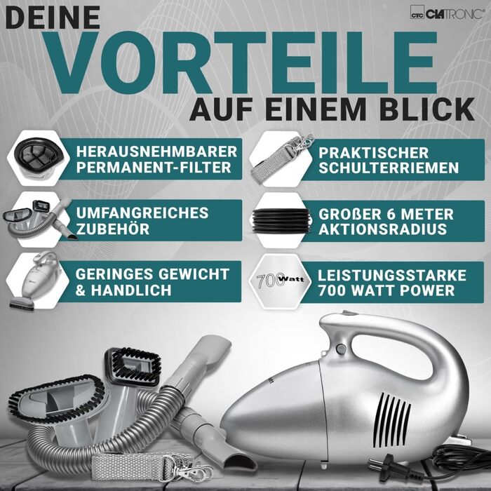 Ручний пилосос Clatronic потужністю 700 Вт і невеликою вагою Пилосос для пилососа оббивки меблів, автомобілів, комп'ютерів і багато чого іншого. Пилосос з кабелем 6 м і постійним пиловим фільтром в т.ч. аксесуари HS 2631