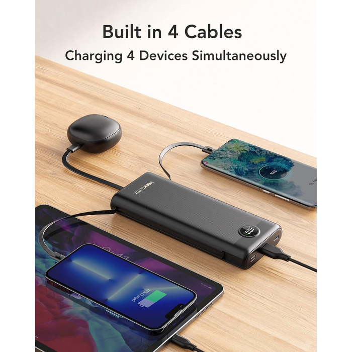 Швидка зарядка, 4 виходи, 2 входи, LED дисплей, USB-C, сумісний з iPhone/Samsung/Huawei/планшетом, 30000mAh PD 22.5W