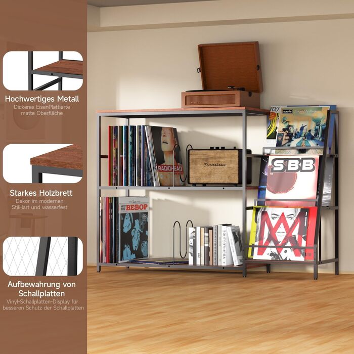 Стіл для програвача YCJY з полицями для платівок, вінтажний, місткість до 400 альбомів