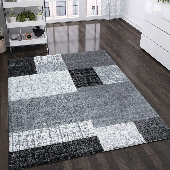 Дизайнерський Сучасний килим для вітальні VIMODA в сіро-білих тонах з коротким ворсом, розміри (60x110 см, чорний)