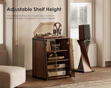 FITUEYES HiFi стійка з скляними дверцятами, стіл для програвача з захисним оснащенням, регульовані полиці для програвача та стереосистем, 66x65x81 см