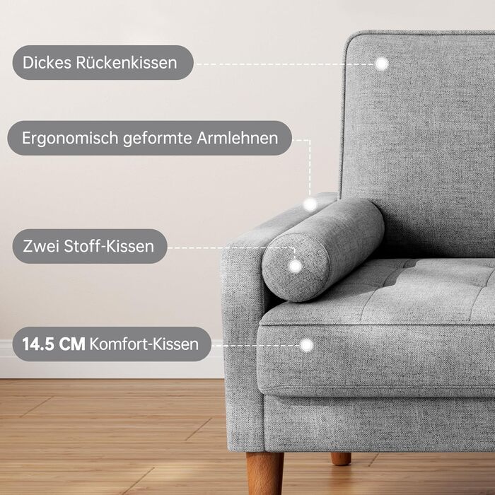 Диван Vesgantti 2-місний, 121 см, сучасний дизайн, 2 подушки, сірий льон для вітальні/квартири/офісу