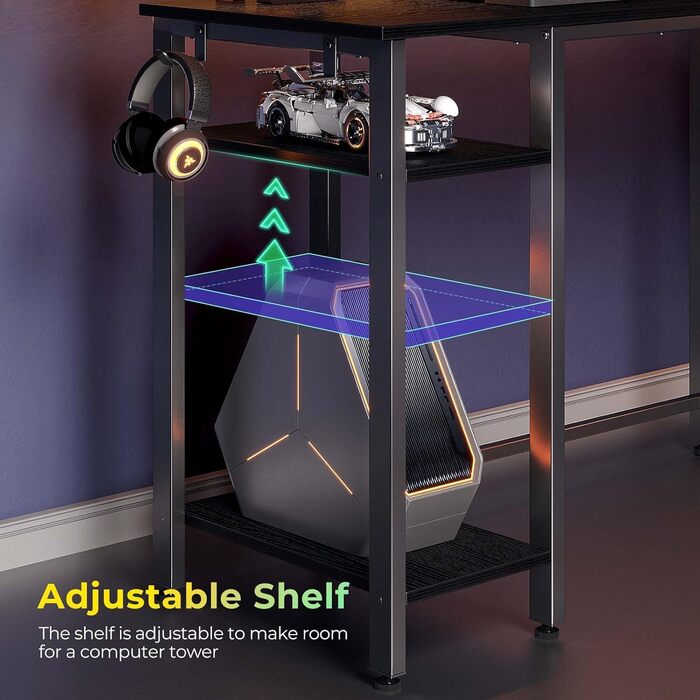 Комп'ютерний стіл Rolanstar L-подібний з RGB підсвічуванням та розетками, реверсивний кутовий стіл для геймінгу з полицею та 2 гачками, для офісу, робочого кабінету, спальні (Чорний, 117см), Чорний 137 x 117x 87см