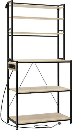 Кухонна полиця WOLTU з 6 ярусами, з розетками, для мікрохвильової печі, з металевим каркасом, регульовані полиці, Чорний+Рустикальний коричневий, 60 x 167 x 40 см
