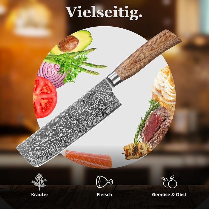 Японський ніж Wakoli EDIB Pro Nakiri з дамаської сталі (серцевина VG10), 18 см - гострий, точний та ергономічний. Ніж з ручкою з паккавуду в подарунковій коробці - для овочів та зелені, срібний.