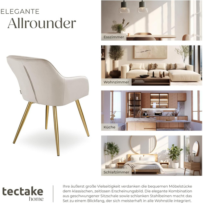 Крісло tectake® для вітальні та обідньої кімнати: зручне крісло з підлокітниками, оббивка з велюру, набір 4 шт. (Taupe/Gold)