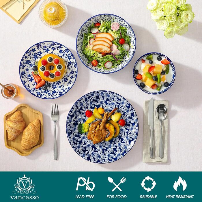 Набір кавових чашок Vancasso Selene, 6 шт., 360 мл, блакитно-білий вінтажний дизайн, для кави, молока, чаю та какао