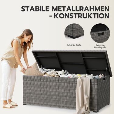 Водонепроникний садовий ящик Amopatio Gartenbox 650л з поліротангу для подушок, металевий ящик для зберігання з газліфтами для саду та балкону, сірий