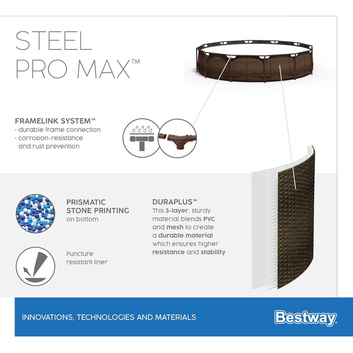 Набір каркасних басейнів Bestway Steel Pro MAX з фільтруючим насосом Ø 366 x 100 см, вигляд ротанга (шоколадно-коричневий), круглий 366 x 100 см одномісний