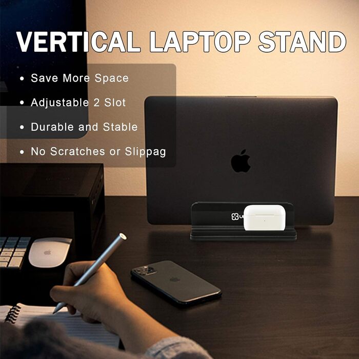 Вертикальна підставка для ноутбука Metal з 4 відсіками, регульована, для MacBook, HP, Chromebook (до 44.5 см) – чорний