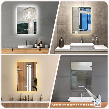 Дзеркало Bellanny LED з підсвічуванням 60 см | Настінне дзеркало для ванної кімнати, комодний дзеркало | Дзеркало для макіяжу з сенсорним вимикачем, 3 кольори світла, регульована яскравість, проти запотівання, IP44, горизонтальне/вертикальне (прямокутне -