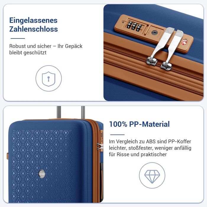 Валіза ручної поклажі KONO з тримачем для напоїв, жорсткий корпус, легкий поліпропілен, розширюваний, 4 колеса, TSA-замок (Темно-синій/Коричневий, M)