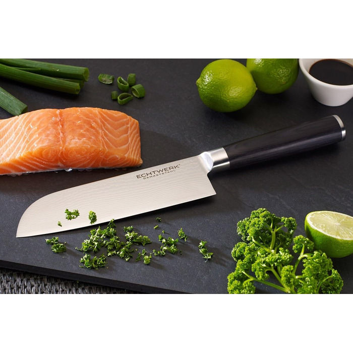 Набір кухонних ножів ECHTWERK Damast 7 предметів: кухонний, для хліба, для філе, сантоку, універсальний, для очищення, з ручками з пака-дерева, з дерев'яним магнітним бруском