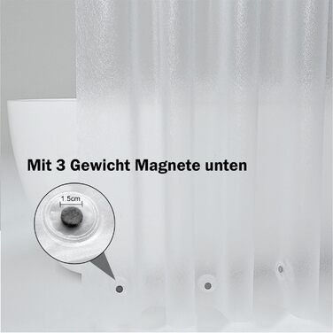Прозора біла штора для душу AooHome 180x200 з 5 магнітами, 12 гачками, матова з рельєфним візерунком, водонепроникна проти цвілі (Ш120 х Д200см)