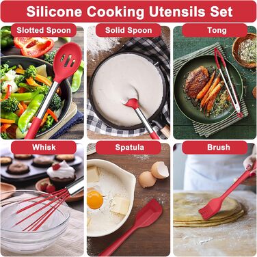Набір кухонних аксесуарів Herogo, 12 шт. Силіконові кухонні інструменти з нержавіючою сталею, термостійкі, лопатки, ложки, шпателі з підставкою, легко миються (Червоний)