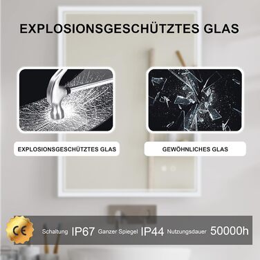 Дзеркало для ванної кімнати Puchika з підсвічуванням, LED-дзеркало 50x70 см, регульоване, тепле/холодне/нейтральне світло 3000-6400K, IP44, A+, сенсорне керування, 3 кольори світла