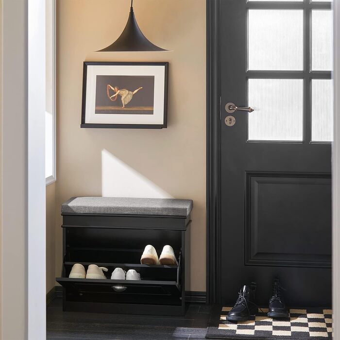 Полка для взуття SoBuy з подушкою для сидіння та місцем для зберігання, вузька, чорна, 60x51x24 см, до 150 кг