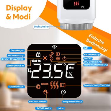 KESSER® WiFi термостат на радіатор опалення з керуванням через додаток Smart Home | Комплект 2 шт, білий. Сумісний з Alexa та Google Assistant. Економія енергії!