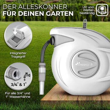 Трьохкамерний шланг TRESKO® з роликом для шланга, 30+2 м, з ручною лійкою, поворотний на 180°, для саду, автоматичний, з кріпленням для стіни та монтажним матеріалом