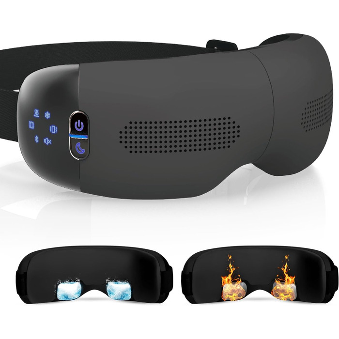 Масажер для очей HubiCare з підігрівом та охолодженням, компресією та вібрацією. Зняття мігрені, сухих очей, втоми. Bluetooth, білий (чорний)