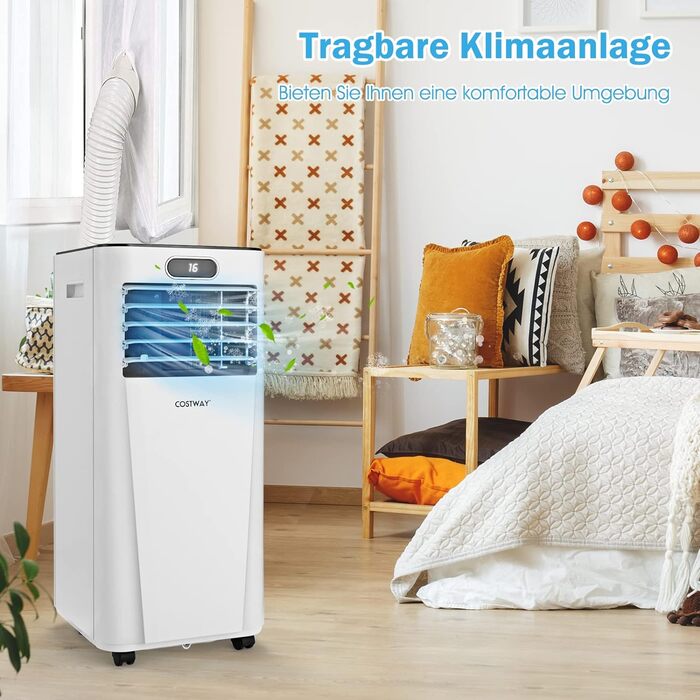 Мобільний кондиціонер COSTWAY 7000 BTU з гнучким шлангом, 2,1 кВт, охолодження 16-32℃, вентиляція з 2 швидкостями, осушення 19 л/добу, сплячий режим, для кімнат до 25 м²
