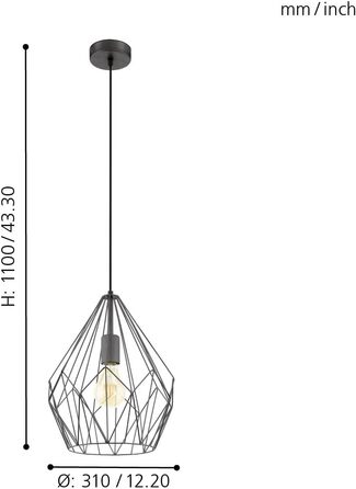 Підвісний світильник EGLO Carlton, вінтажний підвісний світильник на 1 полум'я, підвісний світильник ретро з металу в матовому кольорі, цоколь E27 (чорний)