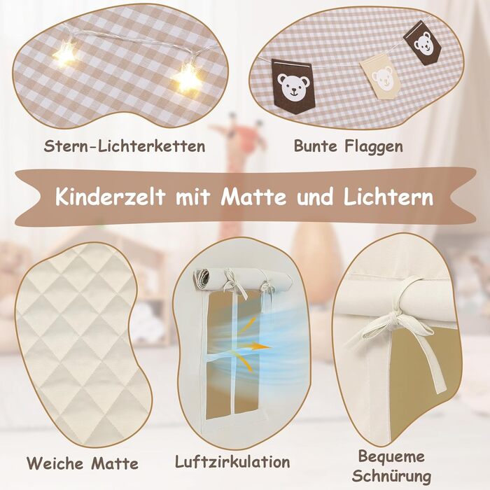 Дитячий намет Mamizо з килимком, прапорцями та світлом, зручний та дихаючий. Ігровий будиночок для дітей, намет для хлопчиків та дівчаток, 125x90x123 см, бежевий колір.