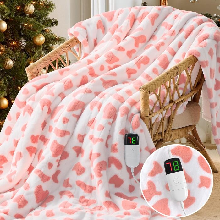 Електрична грілка з принтом корів, повний розмір 183x213 см, фіолетовий колір. 10 режимів нагріву, автоматичне вимкнення через 8 годин. М'яка флісова грілка з декором Highland Cattle, тепла та затишна.