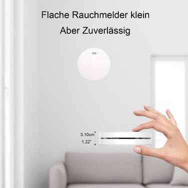 Датчик диму Rauchmelder з батареєю на 10 років, плоский, сертифікат TÜV Rheinland, функція вимкнення звуку, гучний сигнал 85dB, автономний, чутливий, білий (набір 6 шт.)