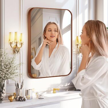 Дзеркало для ванної кімнати на стіну з круглим кутом та коричневим металевим каркасом, 76.2 x 50.8 см, бронза, для ванної, передпокою, вітальні, спальні