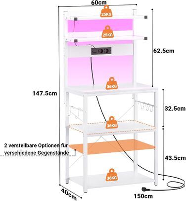 Кухонна полиця-стійка з розеткою, підставка для мікрохвильовки, 5-ярусна кавобар станція з LED-підсвічуванням, полиця для спецій, каструль та сковороди (60 см, білий)