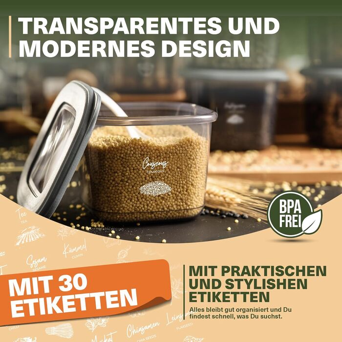 Набір контейнерів для зберігання продуктів 18 шт. – з контейнером для спагеті 2,0 л та 6 дозаторами для спецій з кришками, стекові, герметичні, без BPA, 52 етикетки (12 шт.) + 6 дозаторів для спецій (12 шт., 250 мл, сірий)