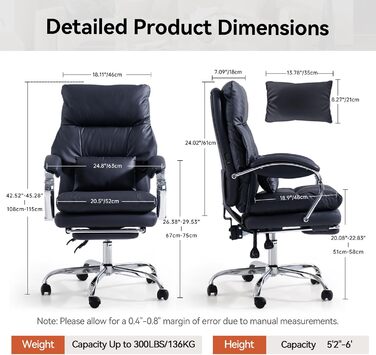 Офісний крісло EMIAH з підніжкою, комфортний крісло для роботи з підлокітниками, ергономічний крісло для начальника з PU шкіри та роликами, ігровий комп'ютерне крісло з потовщеною подушкою,(Чорний)