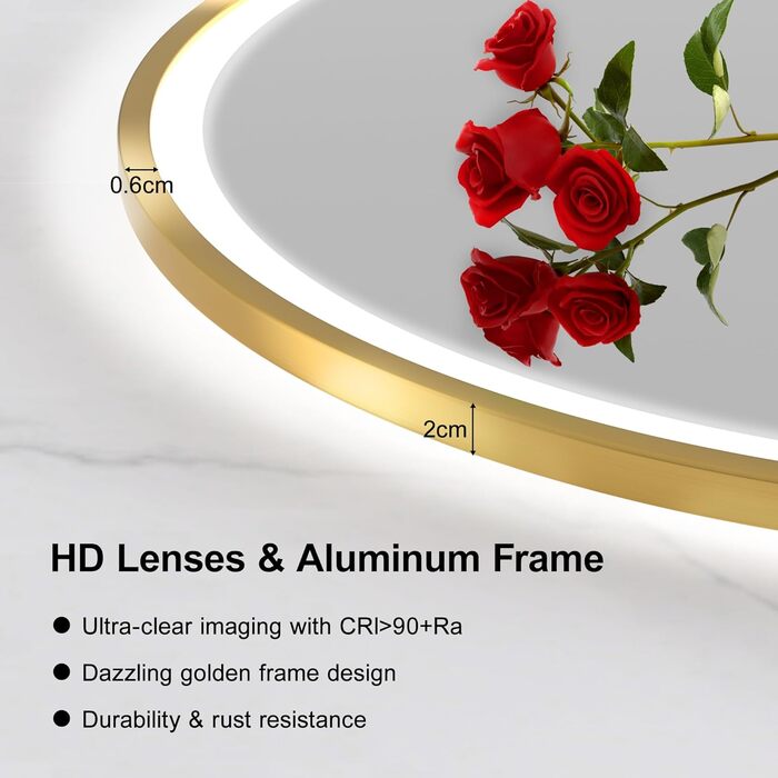 Дзеркало для ванної кімнати Furduzz з LED-підсвічуванням, 700 мм, сенсорне керування, диммування, 3 кольори, протизапотівання, пам'ять, золота рамка (60x60 см)